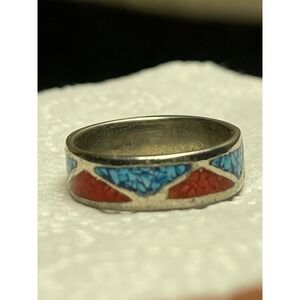 Vintage Native American Turquoise Coral Inlay Geometric Silver Tone Band Ring 10